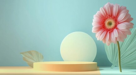 Minimalist Scene with a Pink Flower, Spherical Object, and Podium Against a Soft Blue Background