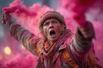 Woman Celebrates in Pink Powder