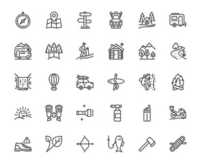 Set of 30 outdoor adventure line icons in minimal style. Includes camping, hiking, climbing, map, fishing, forest, mountains, and more. 48x48 pixel perfect icon editable stroke line