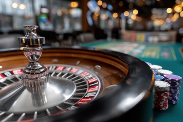 Obraz premium Close-up View of a Roulette Wheel at a Casino with Chips and Gaming Tables in Background for Gambling and Betting Atmosphere