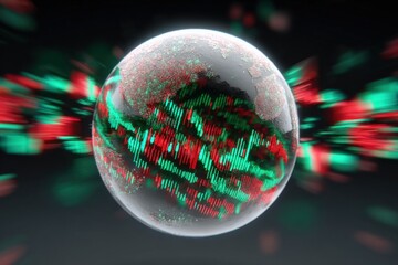 Futuristic digital globe with glowing binary code and vibrant red and green data streams representing global data transfer technology