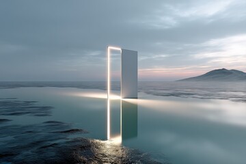 Surreal Landscape with Tall Rectangular Structure and Reflective Water Surface Under Dramatic Cloudy Sky Du Sunset