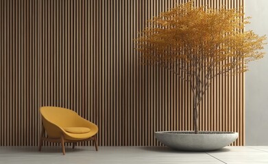 Modern Interior with Yellow Chair and Potted Tree Against Wooden Panel Wall