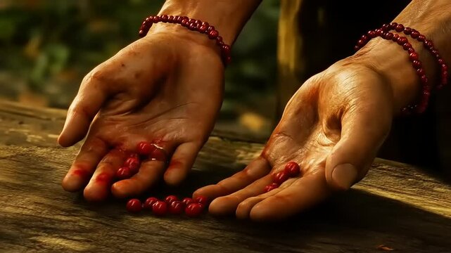 Close-Up of weathered hands Holding Red berries with bead bracelets on a wooden surface