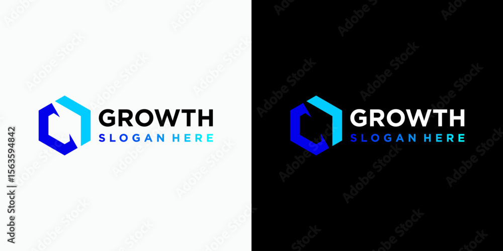 Poster geometric hexagon and arrow shape vector logo design with modern, simple, clean and abstract style. 