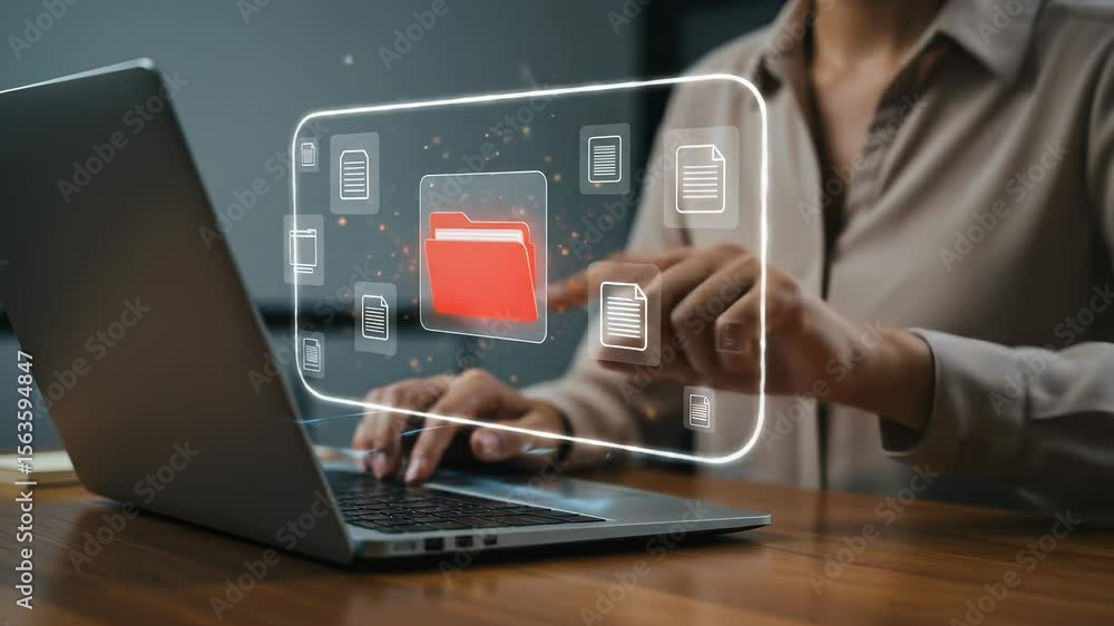 Poster document management: woman uses laptop with digital documents and files floating as she streamlines 