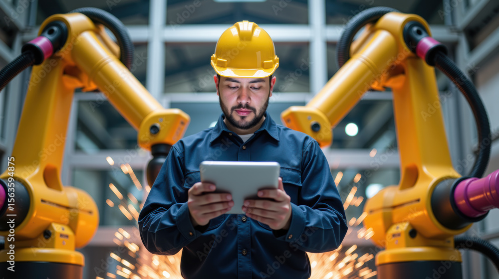 Poster worker in hard hat uses tablet in modern industrial setting with robotic arms and sparks flying, sho