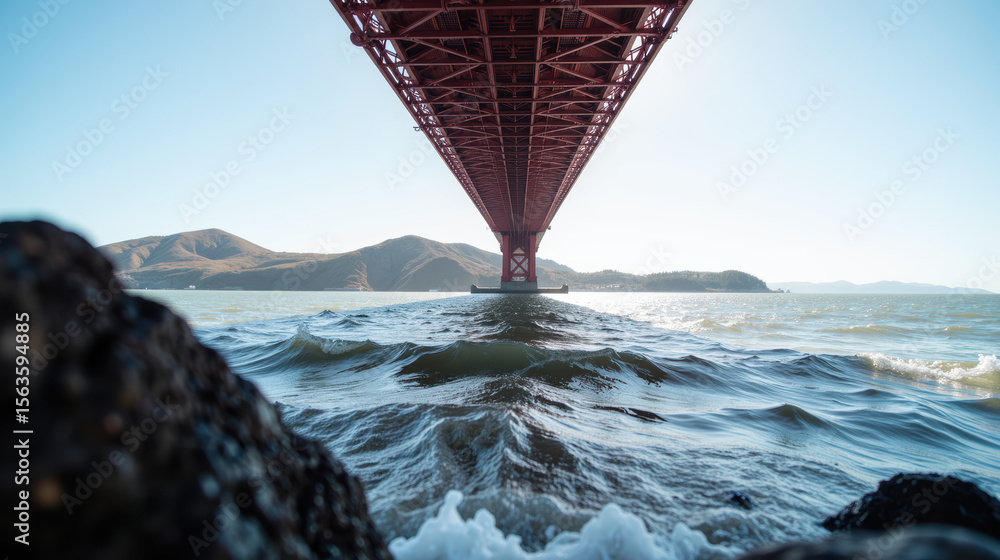 Poster stunning view of bridge from below, showcasing its structure against clear sky and waves lapping sho