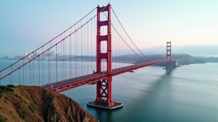 Obraz premium Golden Gate Bridge iconic structure San Francisco California sunset landscape architecture travel water city skyline