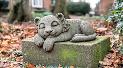 Resting Lion Sculpture in Garden Setting
