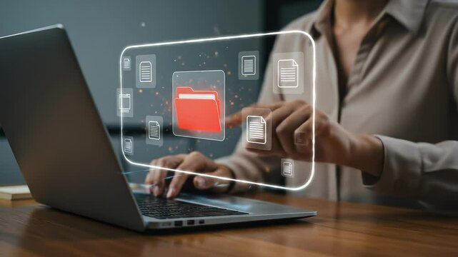 Document Management: Woman uses laptop with digital documents and files floating as she streamlines business efficiency.