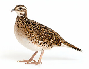 Obraz premium A small, intricately patterned bird stands gracefully on a clean white background, showcasing its unique plumage.
