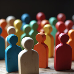 Backlit wooden multicolored figurines, population metaphor, diversity, inclusion, teamwork, human community. Conceptual image for social unity, equality, leadership