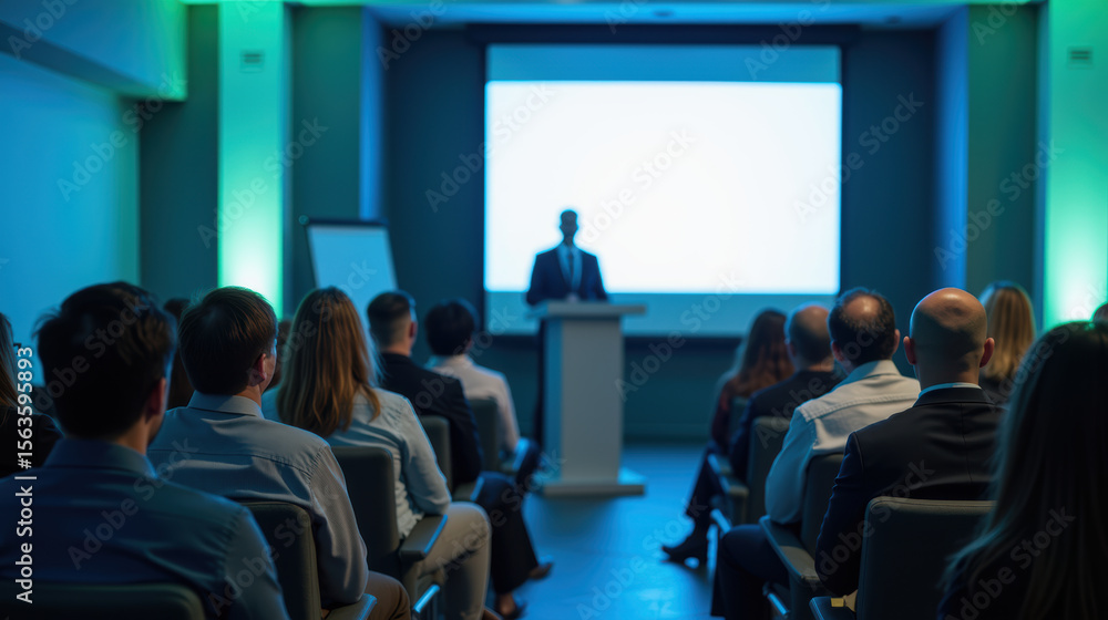 Poster professional conference setting with speaker addressing audience. room is dimly lit with green accen