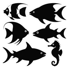 Fototapeta premium Black and White Vector Set of Fish Silhouettes Including Sharks and Seahorse