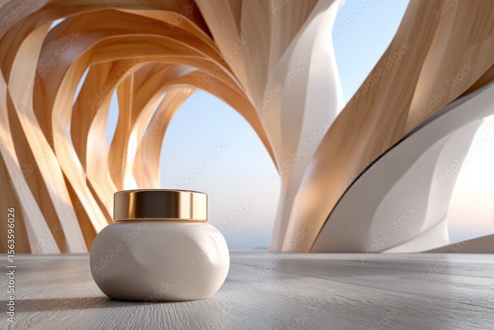 Aufkleber Modern minimalist white ceramic vase with gold rim on smooth surface in front of abstract wooden architectural structure and sky background