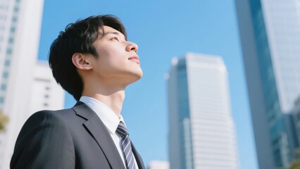 A man in a suit looks upward against a backdrop of urban skyscrapers under a clear blue sky.
