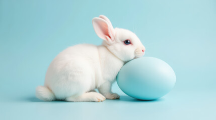 Fototapeta premium Cute white rabbit rests beside pastel blue egg, creating charming and playful scene perfect for spring celebrations