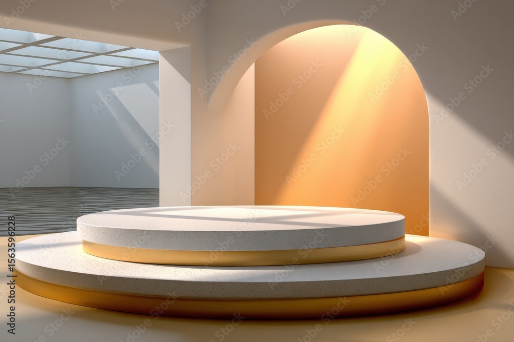 Poster modern minimalistic interior space with curved white stage illuminated by warm natural sunlight thro