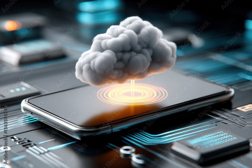 Poster Futuristic cloud computing technology concept with a digital cloud hologram above a smartphone on a circuit board for data storage and internet connection