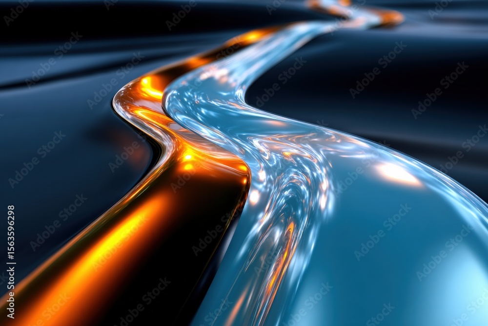Poster abstract futuristic glowing neon light trails with reflection on dark smooth surface illustrating sp