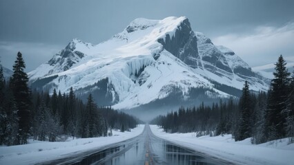 Snow-Covered Mountain Landscape with a Wet Road and Evergreen Trees