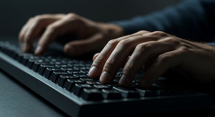 Focused hands swiftly navigate a dark keyboard, illuminated by soft light, in a dimly lit room, conveying intense concentration and digital expertise.