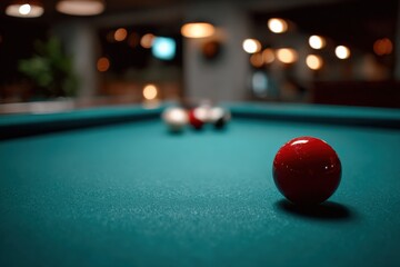 Indoor billiards pool table with green felt surface and cue balls ready for game in dimly lit recreational room