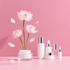 Cosmetic products arranged with pink lotus flowers on a soft pink background