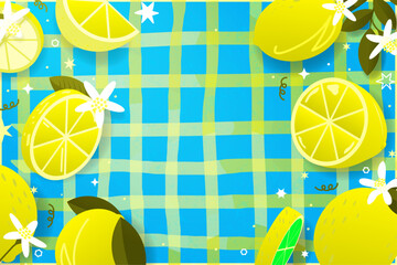 Tropical summer banner with floating lemons and lemon flowers on blue checkered background with strong sunlight, copy space in center. Citrus banner template. Vector Illustration.  
