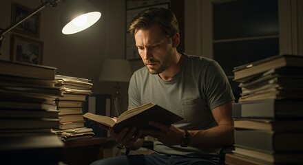 Man engrossed in a book under a desk lamp, surrounded by stacks of books and papers, late at night.