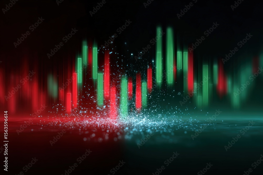 Poster Dynamic Stock Market Chart with Red and Green Candlesticks and Digital Data Points Showing Price Fluctuations and Market Trends