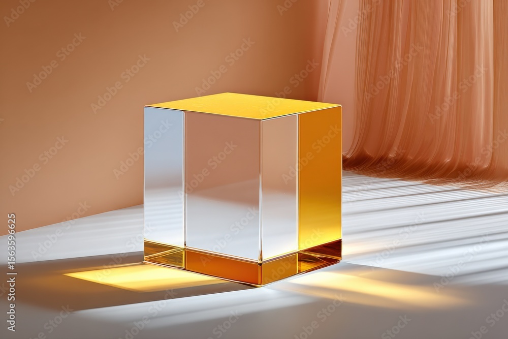 Poster Clear Glass Cube Reflective Art Object in Warm Interior Setting with Shadows and Soft Lighting for Modern Decoration and Design
