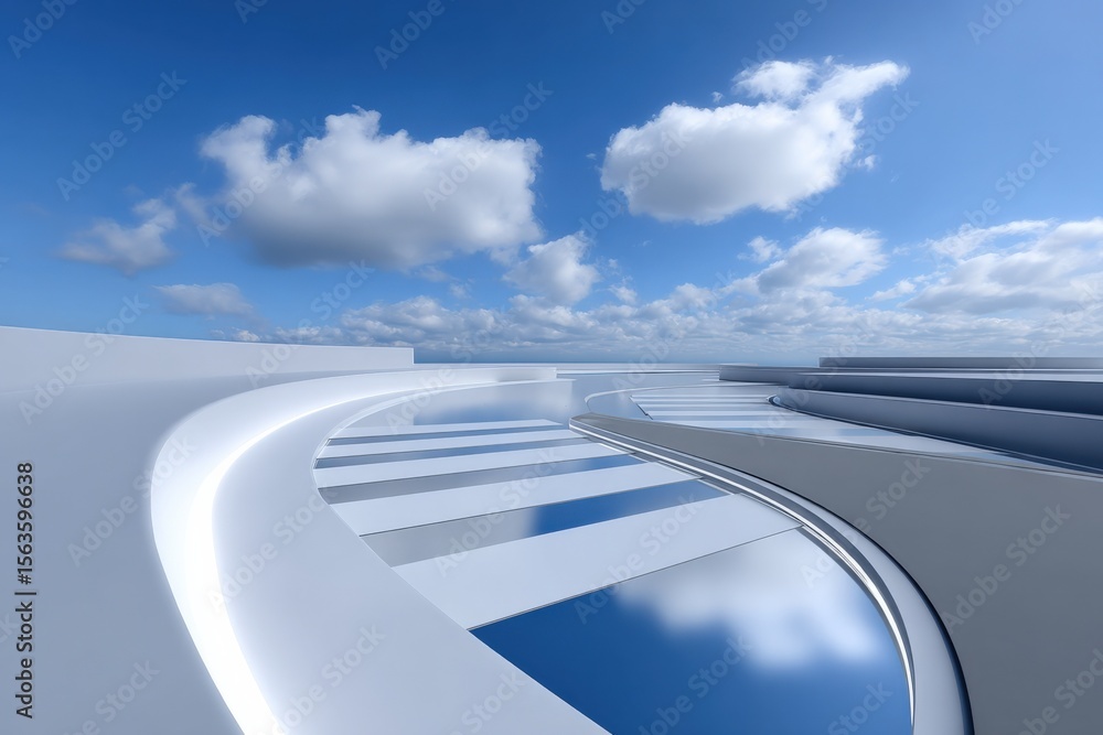 Poster futuristic urban concept with sleek curved pathways and reflective surfaces under a bright blue sky 