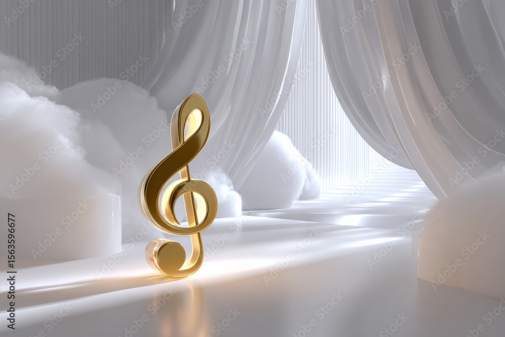 Poster elegant golden treble clef music symbol standing in soft-lit luxurious interior with flowing curtain