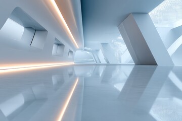 Obraz premium Futuristic modern architectural interior with sleek design elements, smooth surfaces, dynamic angles, bright lighting, and a spacious futuristic vibe