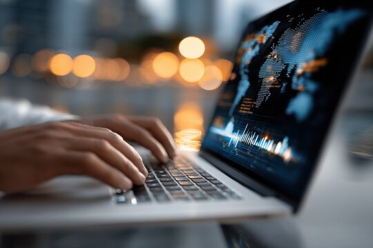 Modern business professional analyzing financial data on a laptop computer at sunset outdoors, emphasizing technology and data visualization