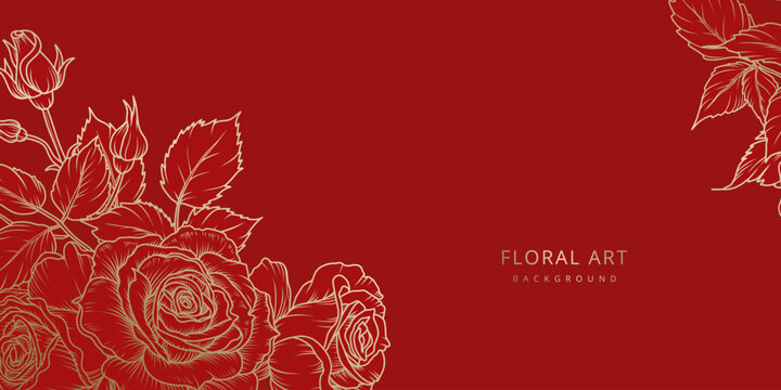 Luxury floral red background with golden rose flowers pattern in line art style. Frame, corner. Hand drawn vector illustration for greeting card, wedding invitation, save the date, print, cover