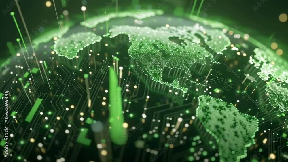 Poster a digital, futuristic map of the world illuminated in green, showing data points and connections acr