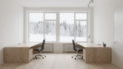 Minimalist Office Space with Snowy Window View