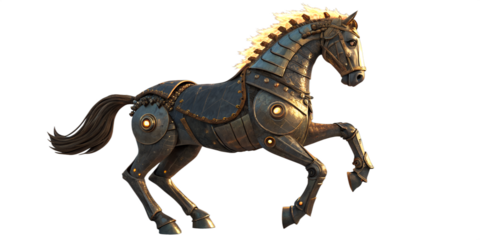 Intricate steampunk mechanical horse with glowing mane and intricate metal armor isolated on transparent background