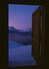 Serene twilight view through doorway.