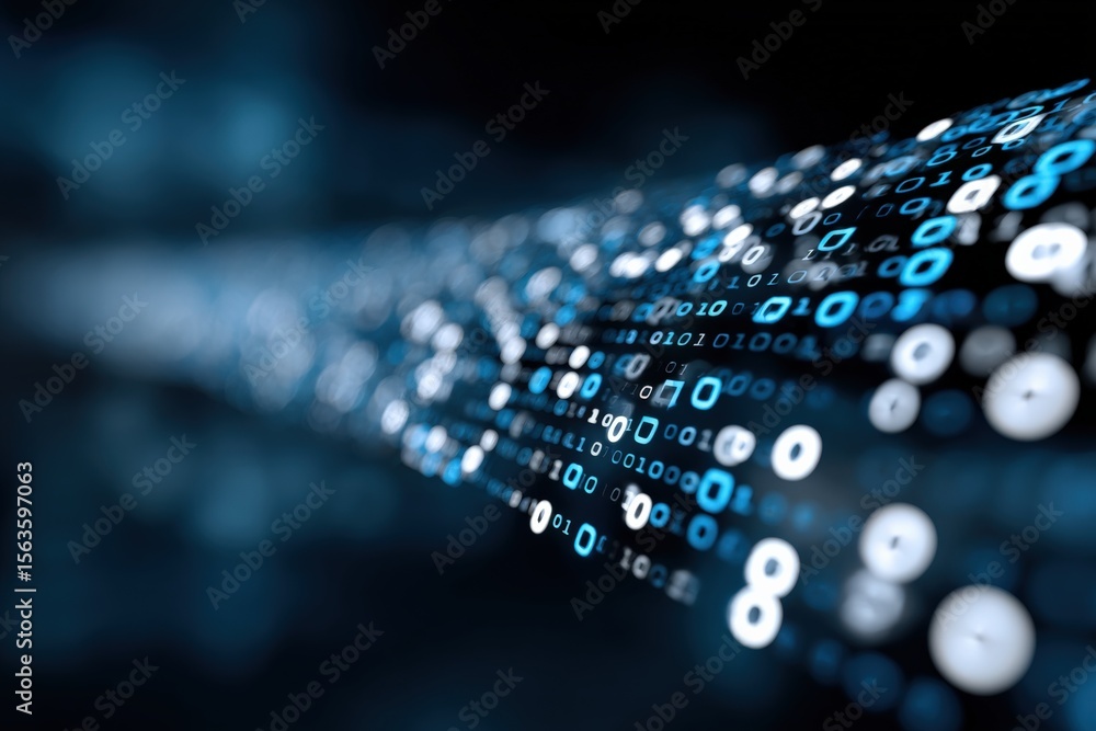 Poster Abstract Digital Data Stream with Binary Code Flow and Light Effects in Deep Blue and Black Colors for Technology and Innovation Concepts