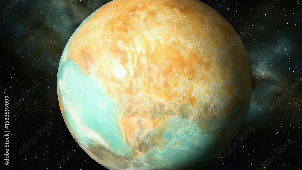 Poster abstract rendering of a planet with orange and turquoise hues against a star-filled background.