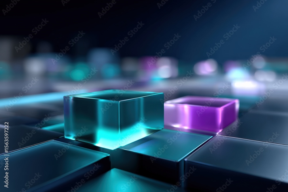 Poster futuristic abstract digital art with glowing neon cubes in dark technology-inspired environment with