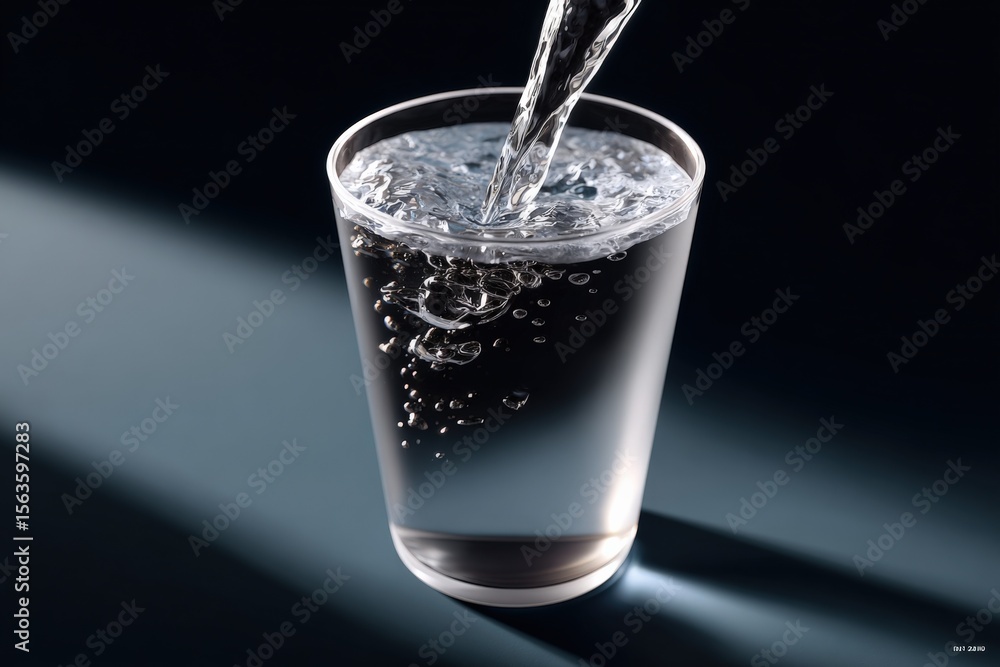 Poster clear glass tumbler filled with sparkling water and bubbles, high contrast splash image with dark ba