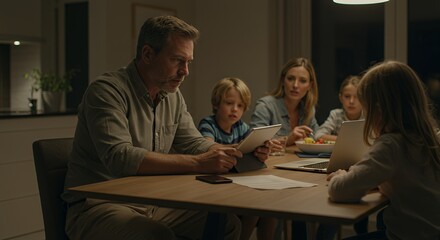Family gathers around a table at night, a father engrossed in a tablet while his children and wife look on.