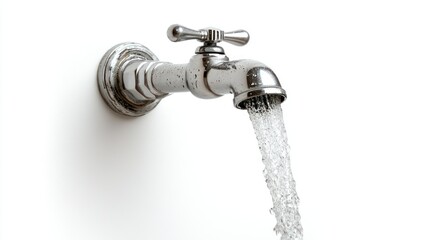 Running Water from a Chrome Faucet on White Background