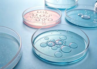 Multiple petri dishes with colorful liquids and bubbles on a blue surface