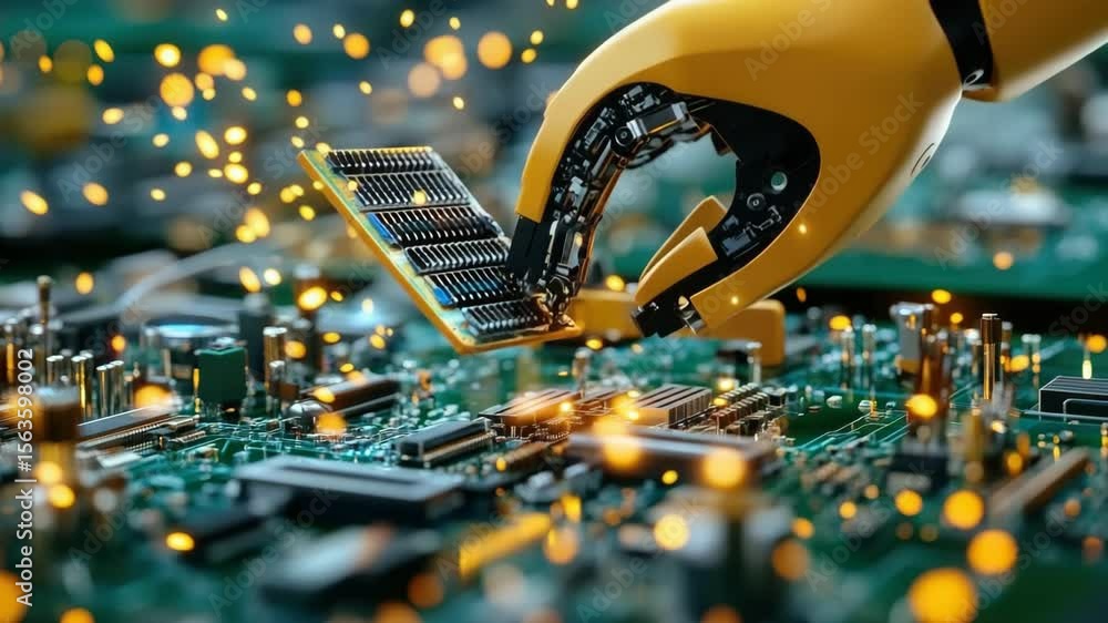 Poster robotic technology enhances manufacturing as an arm skillfully assembles computer parts for high-per